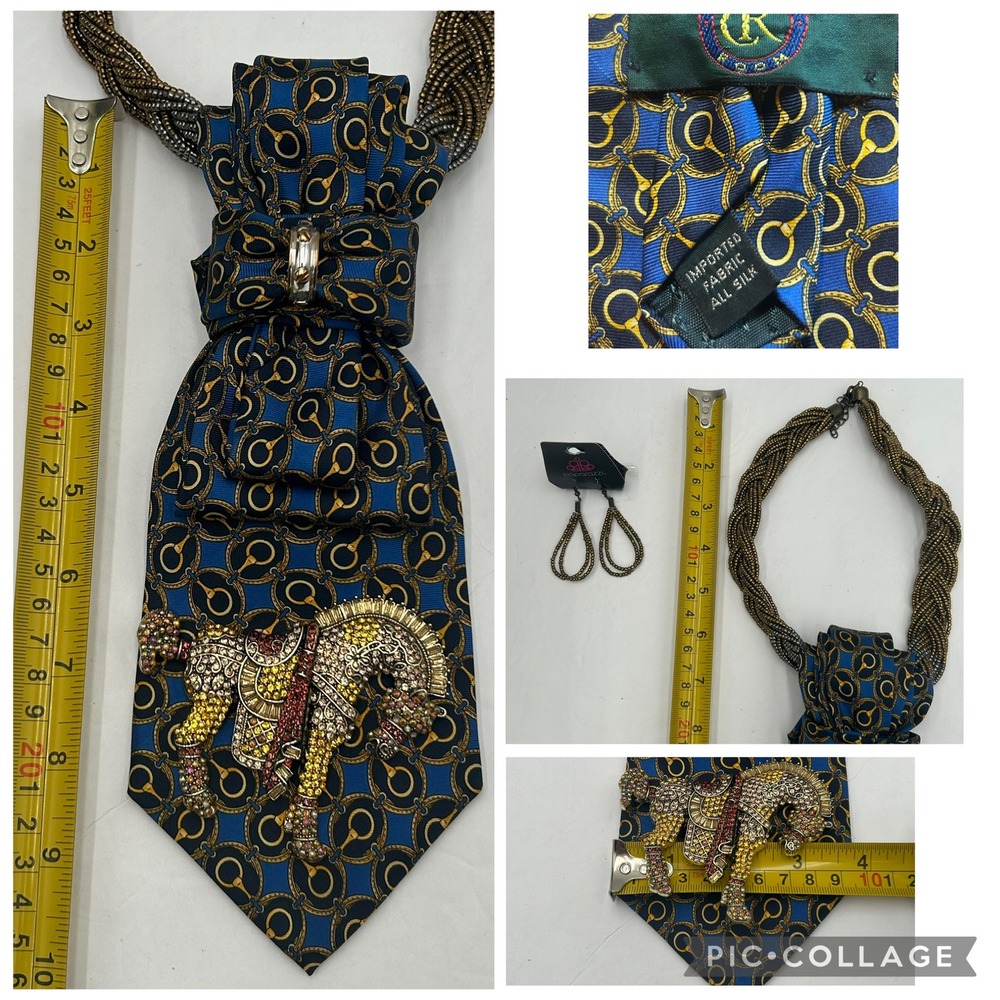 Club Room Silk Tie Horse Necklace Western Equestrian Blue Gold Crystal Brooch - Picture 5 of 12